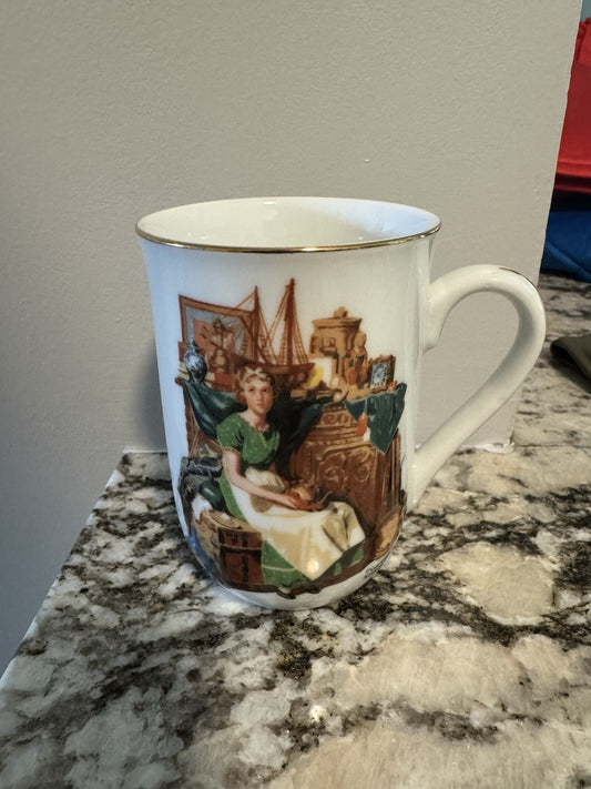 VTG Norman Rockwell Dreams in The Antique Shop Tea Coffee Mug Cup with Gold Trim