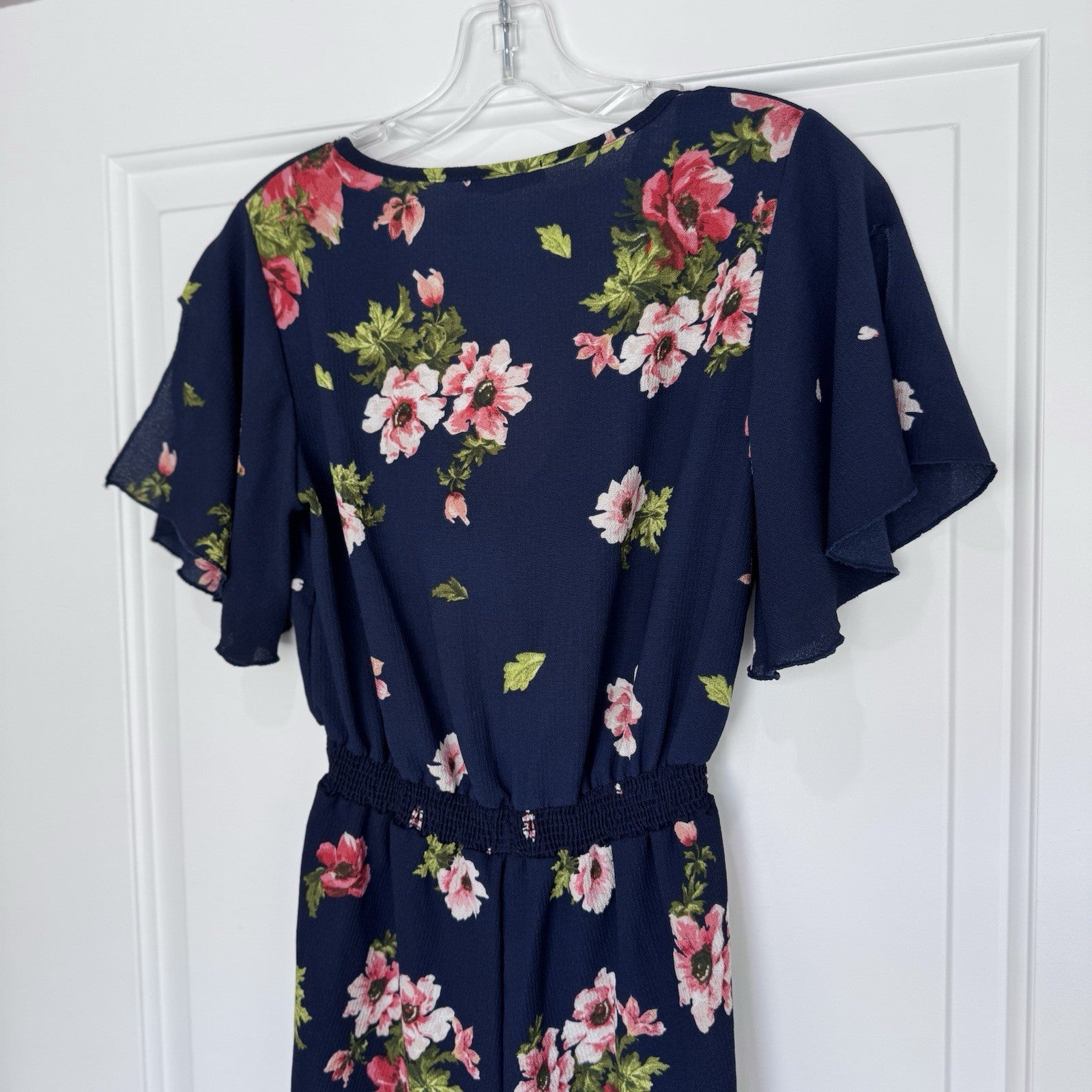 Papaya S Floral Romper Navy Pink Cutout Back Flutter Sleeve Y2K Festival Trendy