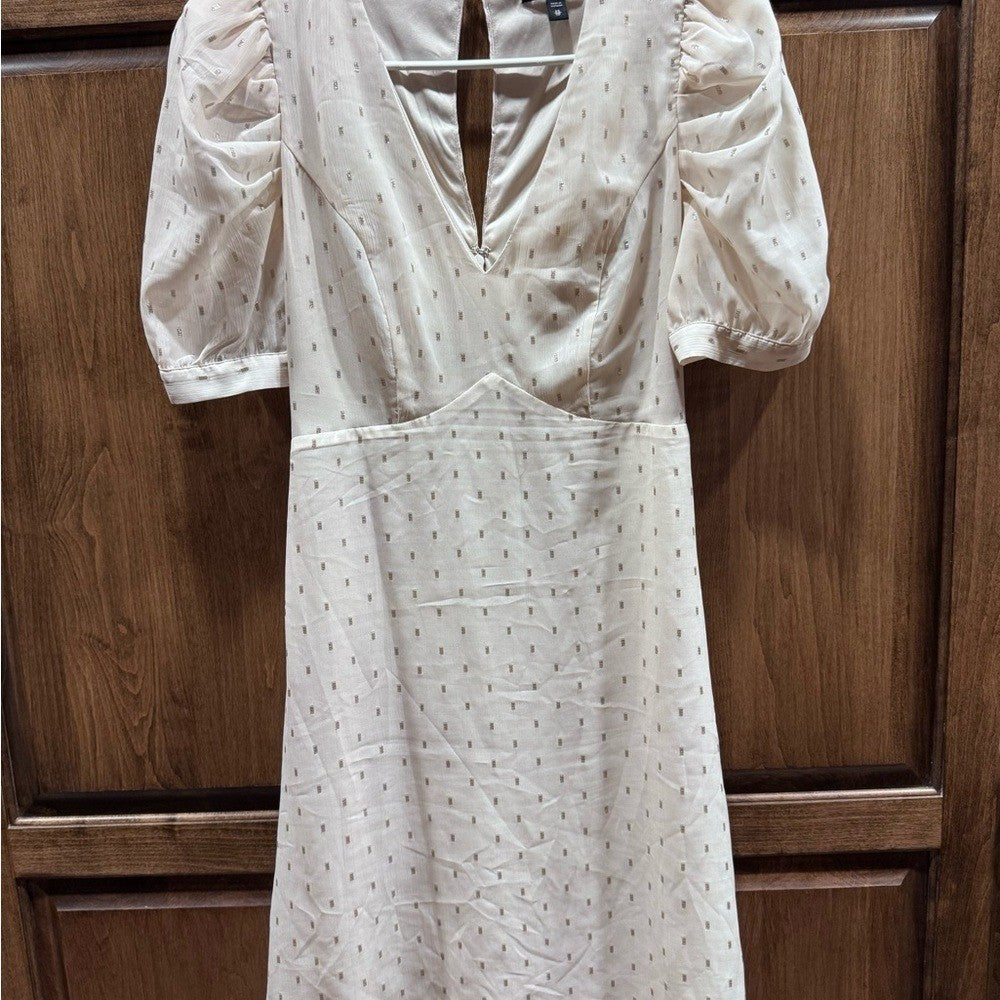 Express Puff Sleeve Midi Dress Women's XS Cream Beige Polka Dot V-Neck Fit
