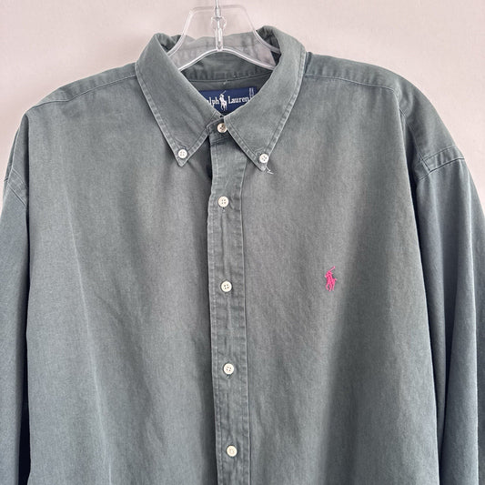 Ralph Lauren XL Green Button Down Shirt Pink Pony 100% Cotton