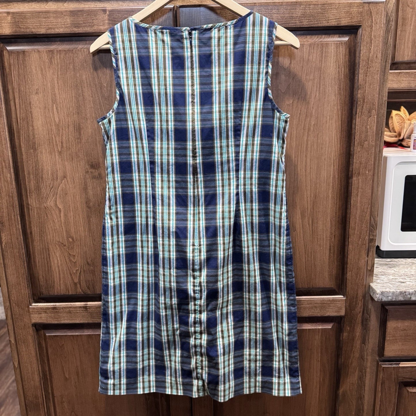 Talbots Petites 10P Sleeveless Plaid Dress Ruffle Front Blue Green