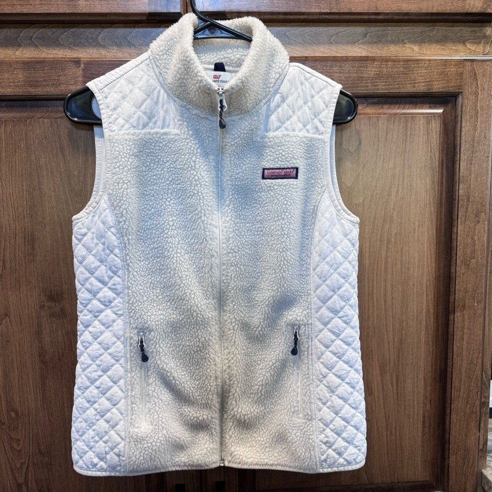 Vineyard Vines XS White Sherpa Fleece Vest Quilted Sides Zip Up Whale Logo