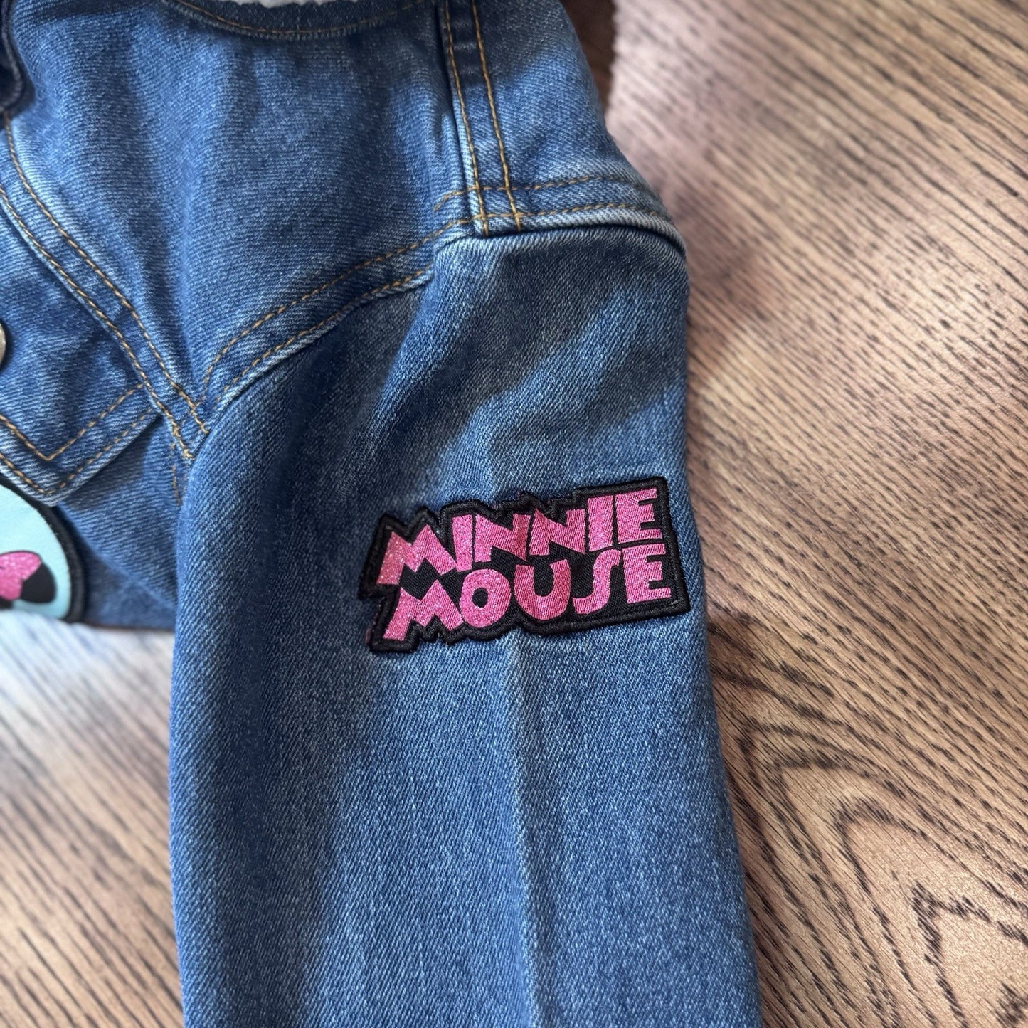 Disney Minnie Mouse Girls Denim Jacket Sherpa Collar Patchwork Size 4T