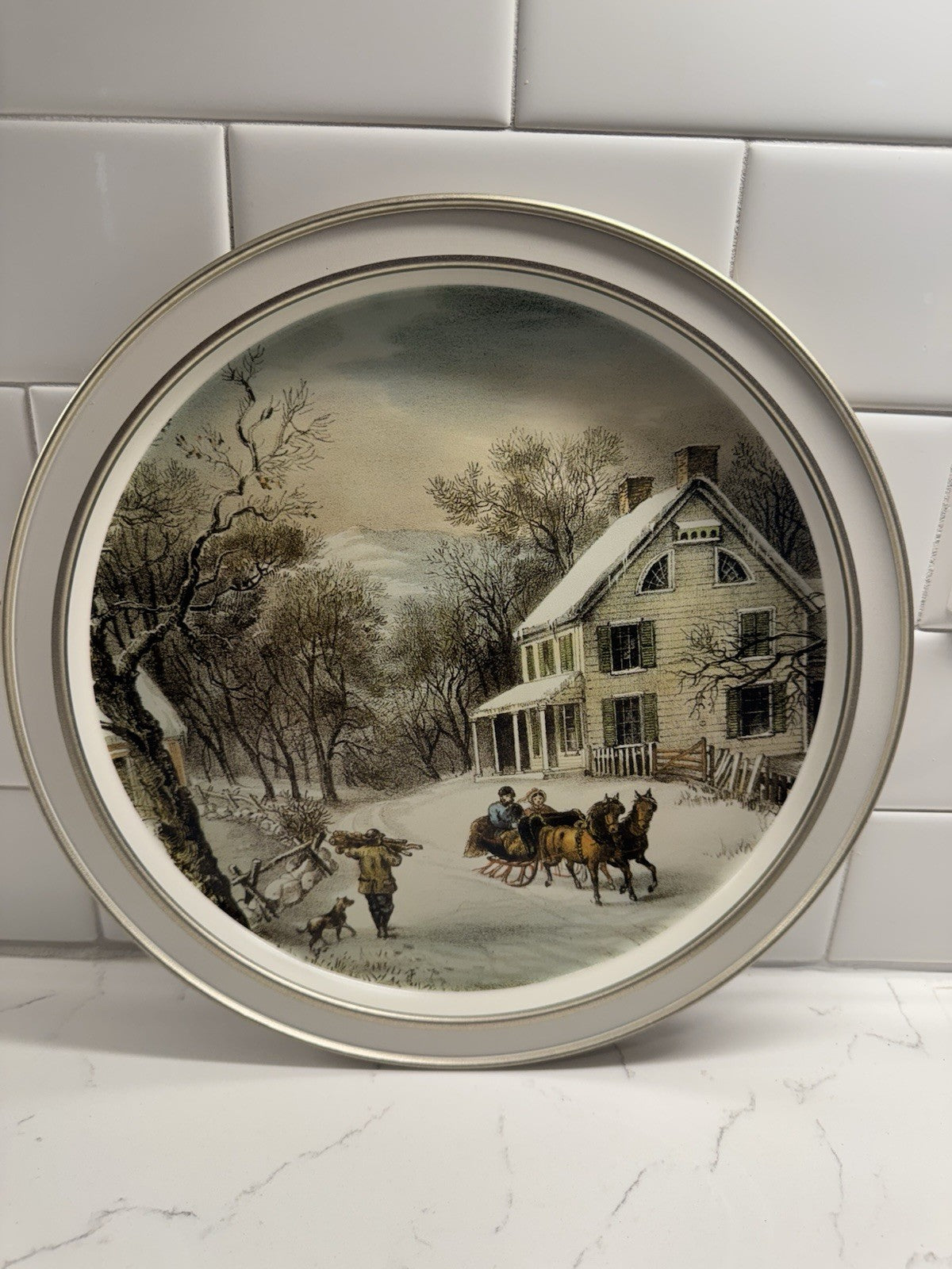 Vintage Currier and Ives The American Homestead Winter Metal Tin Tray 1868 Scene