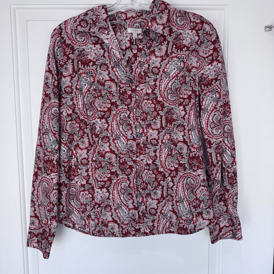 Talbots Red Paisley Button Front Shirt Women’s Size 8 Cotton Stretch Long Sleeve