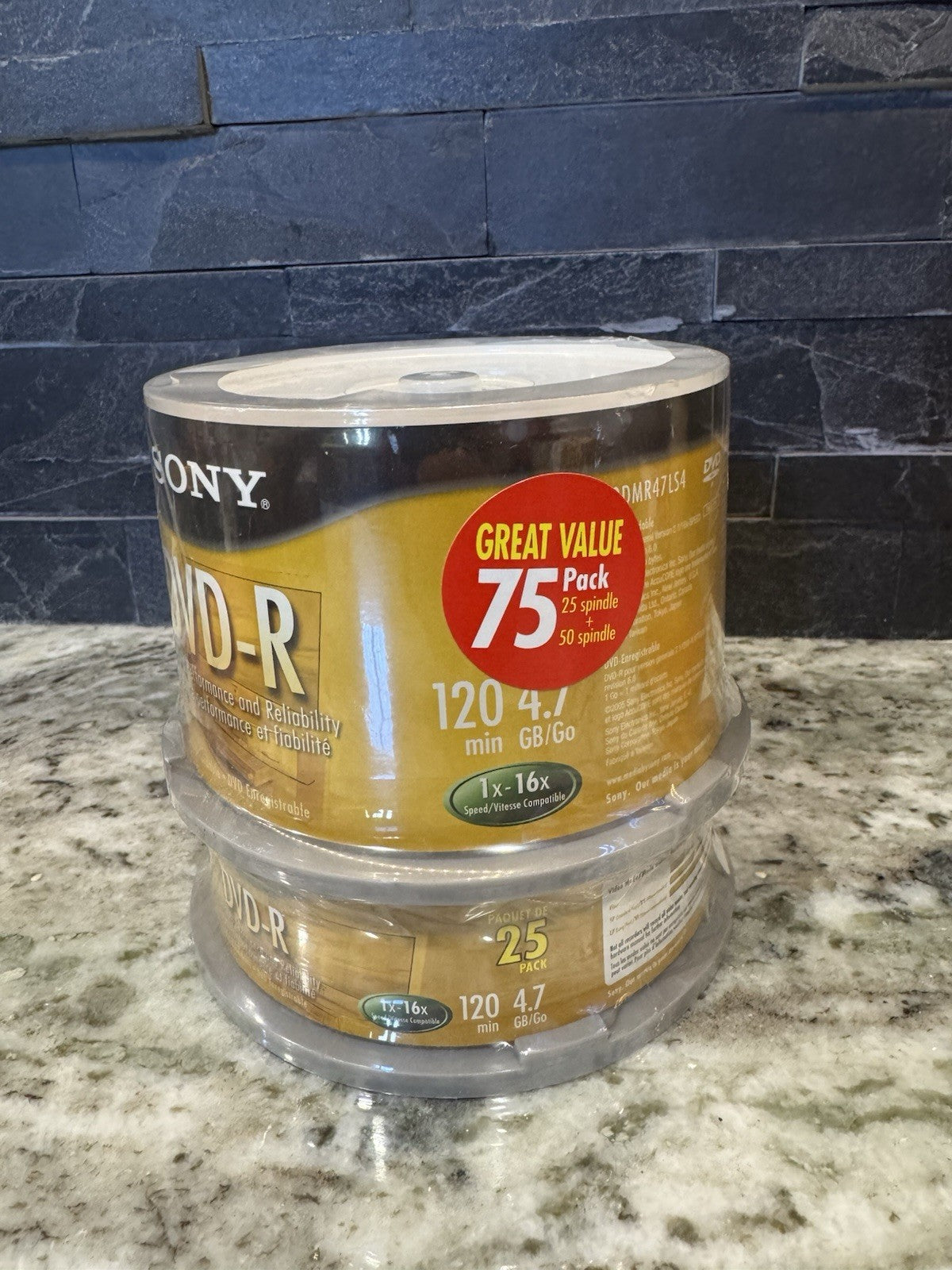 SONY DVD-R 75 Pack 4.7 GB 120 Min Blank Media Disc NEW / SEALED Original Package