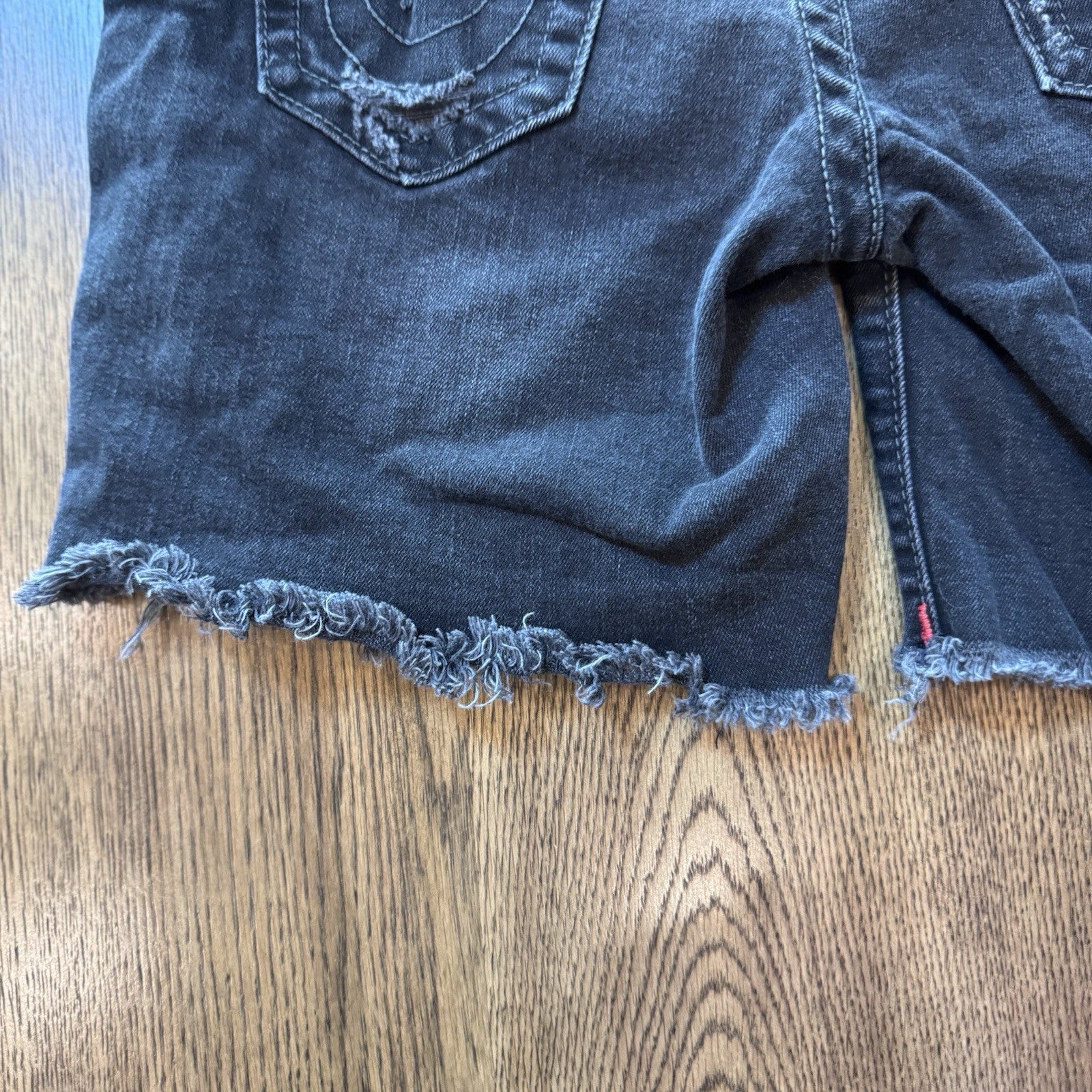 True Religion Mid Cut Off Denim Shorts Black Distressed Flap Pockets Size 30