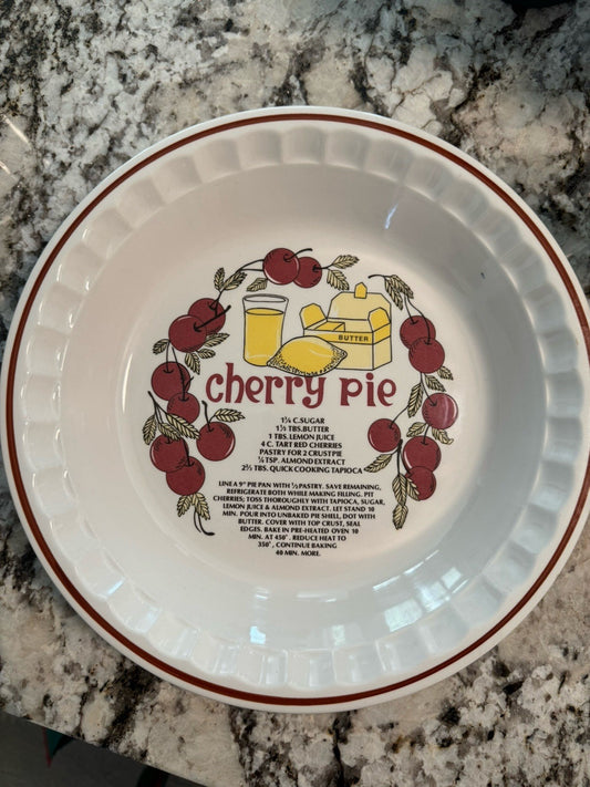Vintage Hankook Korea Ceramic Deep Dish Cherry Pie Plate With Printed Recipe