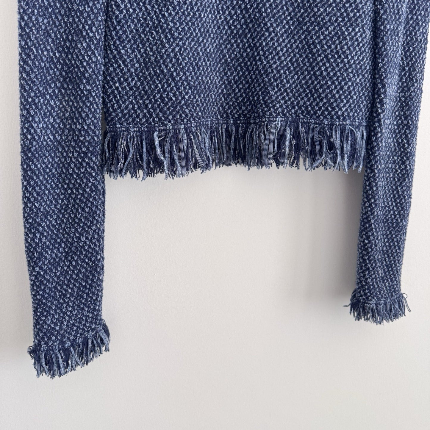 White House Black Market Fringe Knit Cardigan Blue Small Open Front