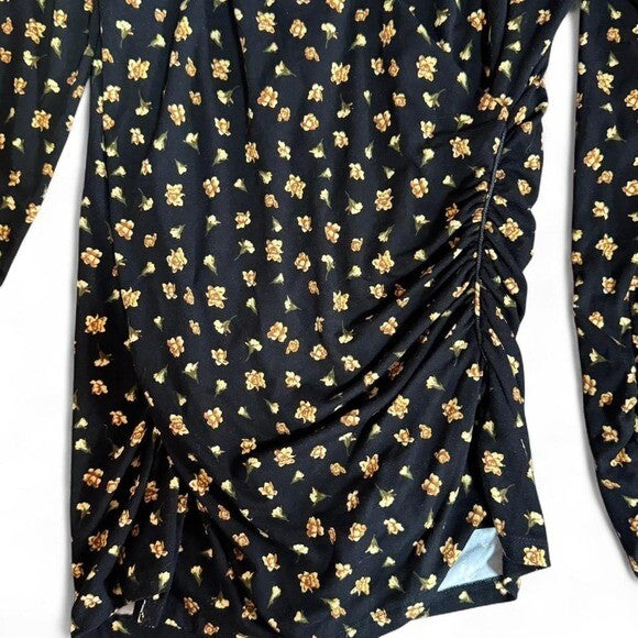 NWT Elie Tahari Black Floral Ruched Long Sleeve Top Women's Size M