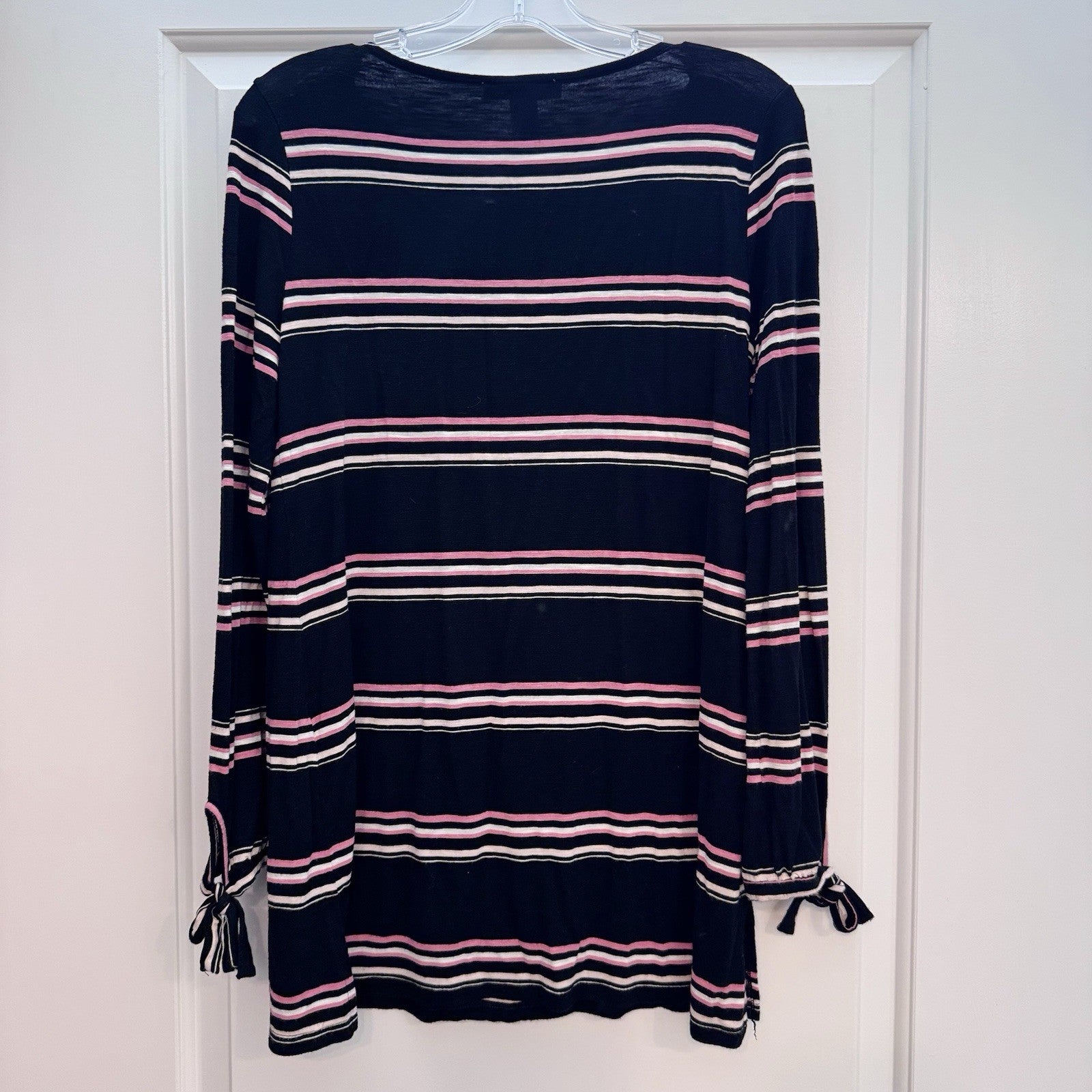 White House Black Market Top Medium Black Pink Stripe Long Sleeve Tie Cuff