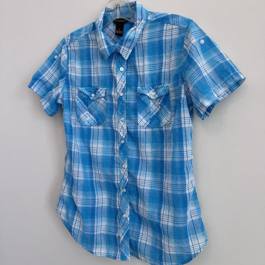 Bit & Bridle Blue Plaid Short Sleeve Button Up Shirt Women’s Small Cotton