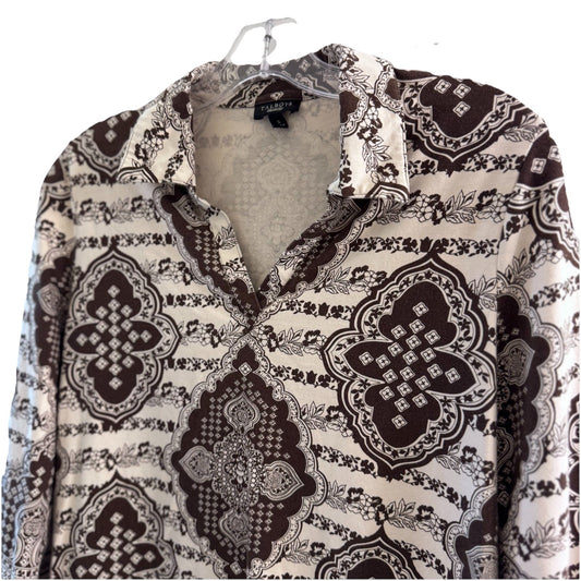 Talbots Womens Small Brown Paisley Print Tunic Top 3/4 Sleeve Cotton Stretch