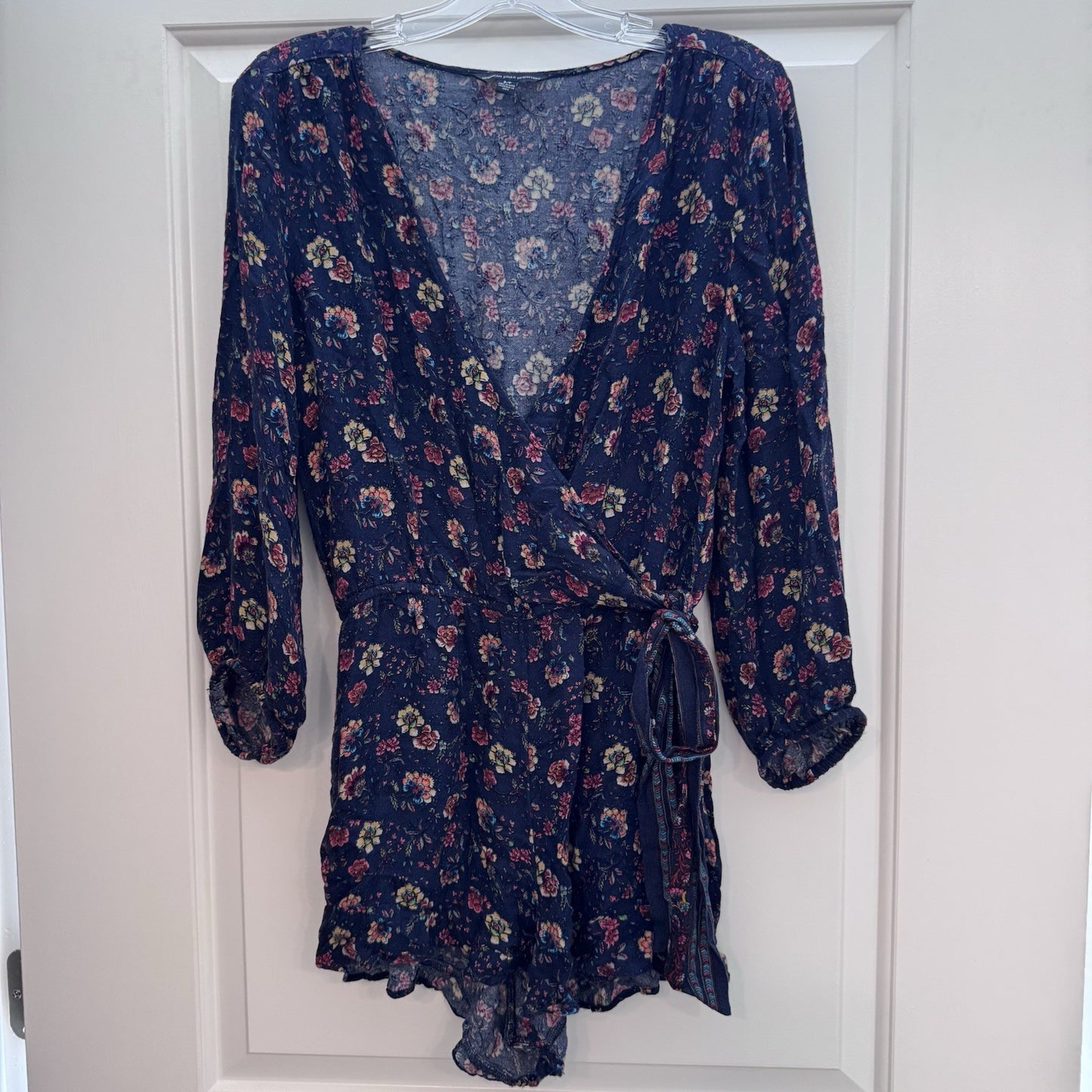 American Eagle Outfitters Navy Floral Wrap Romper Small S Boho Viscose
