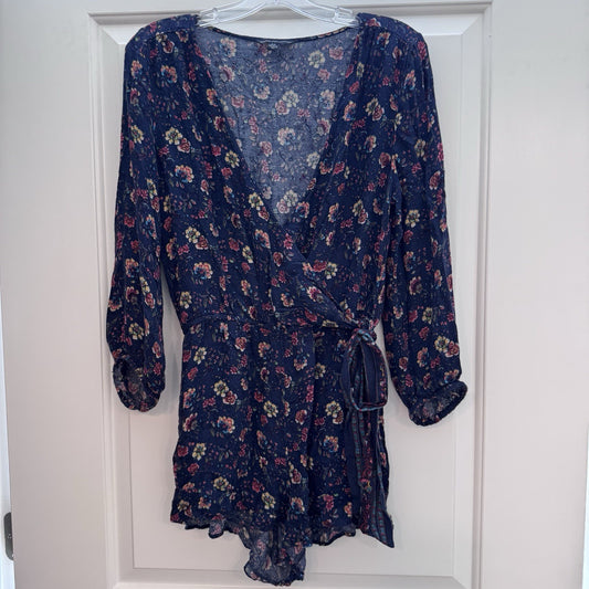 American Eagle Outfitters Navy Floral Wrap Romper Small S Boho Viscose