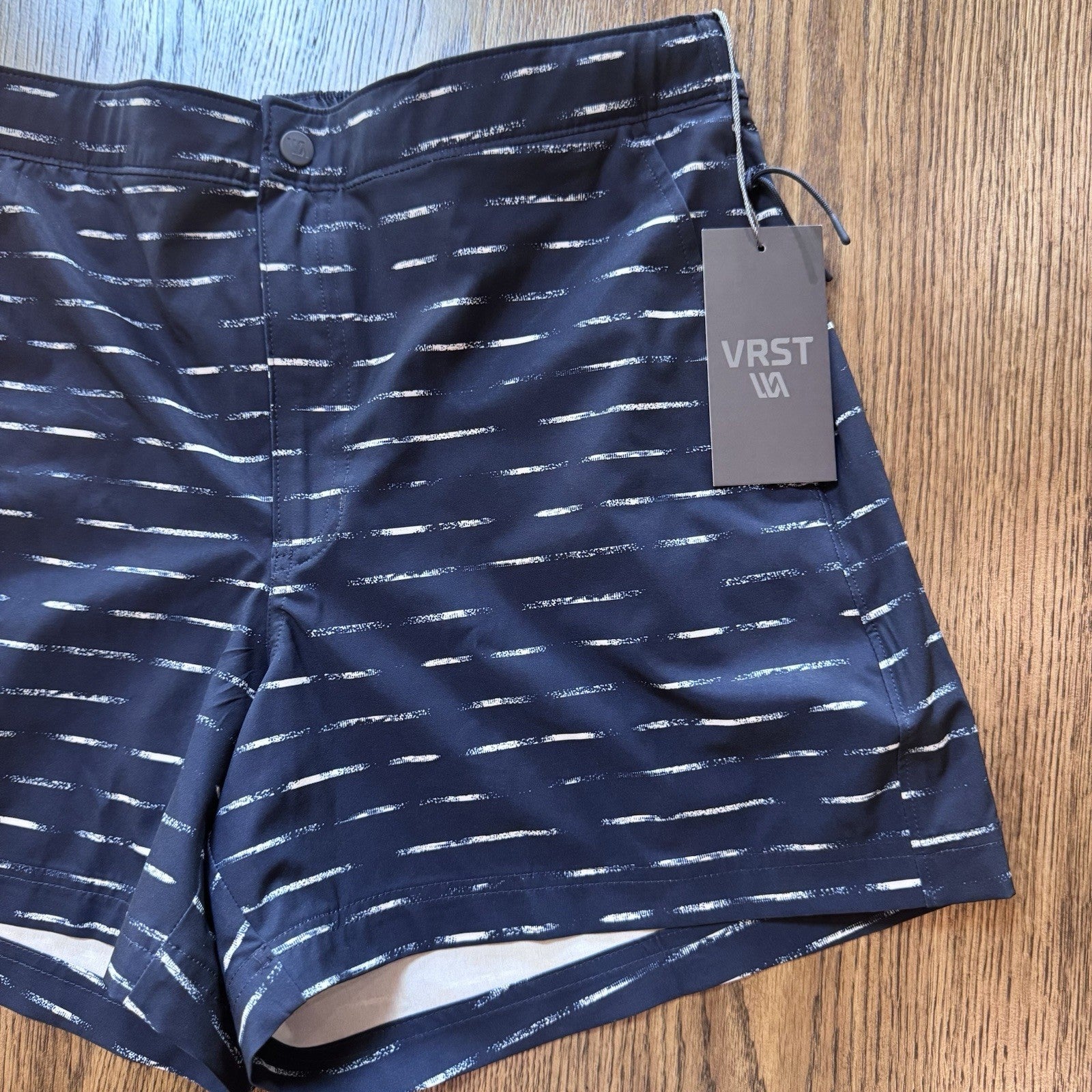 NWT VRST Men’s Slim Fit Swim Shorts M Navy Dash Print 5” Inseam Boxer Liner