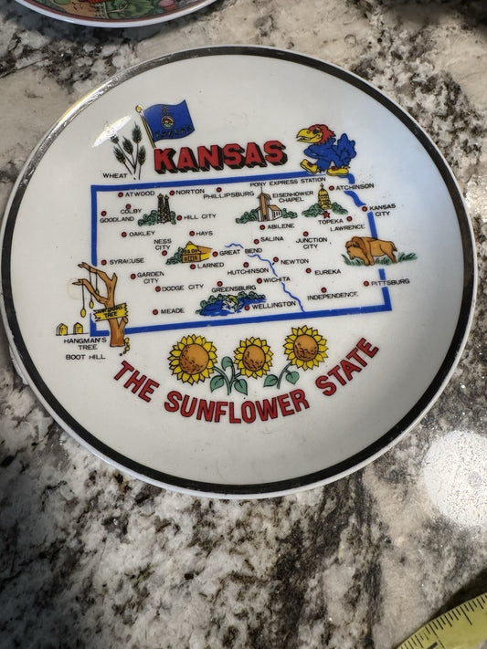 Vintage Kansas Souvenir Tourist Plate The Sunflower State Collector Plate 7.25