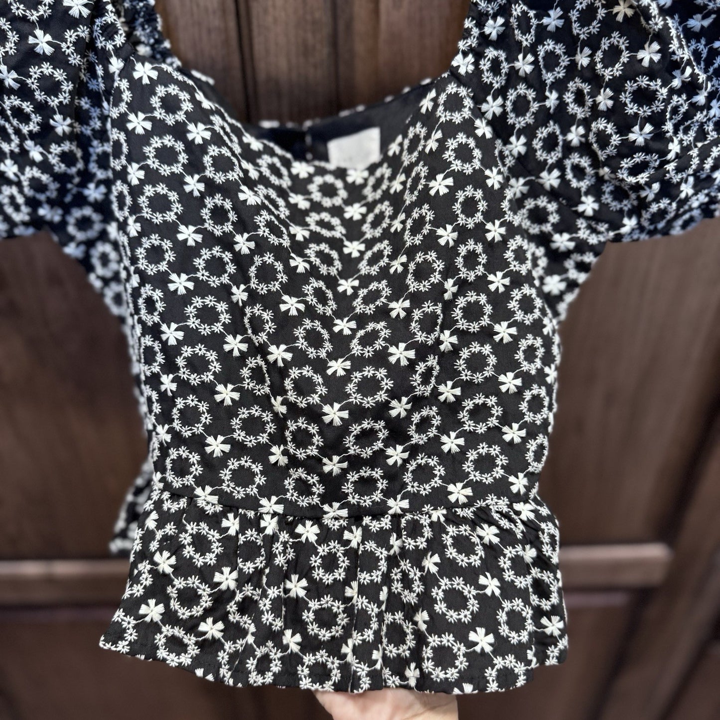 Dee Elly Black White Floral Puff Sleeve Peplum Blouse Size S