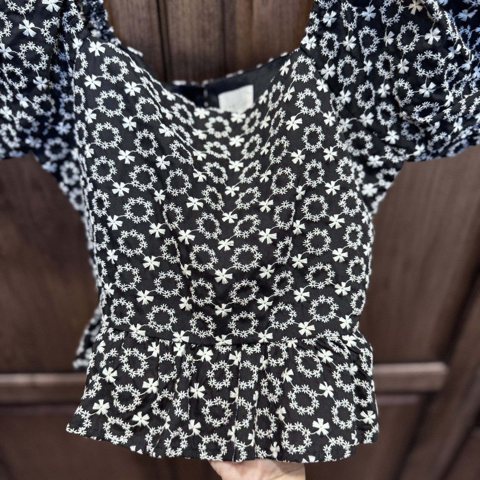 Dee Elly Black White Floral Puff Sleeve Peplum Blouse Size S