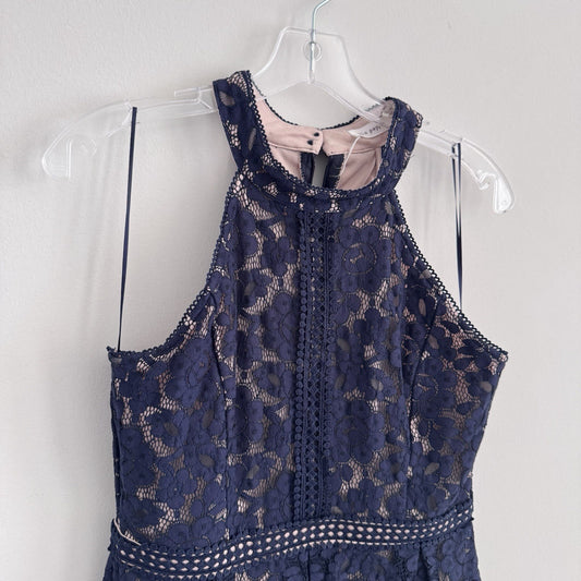Blu Pepper Navy Lace Halter Dress L Nude Lining B8SD1112 Cocktail