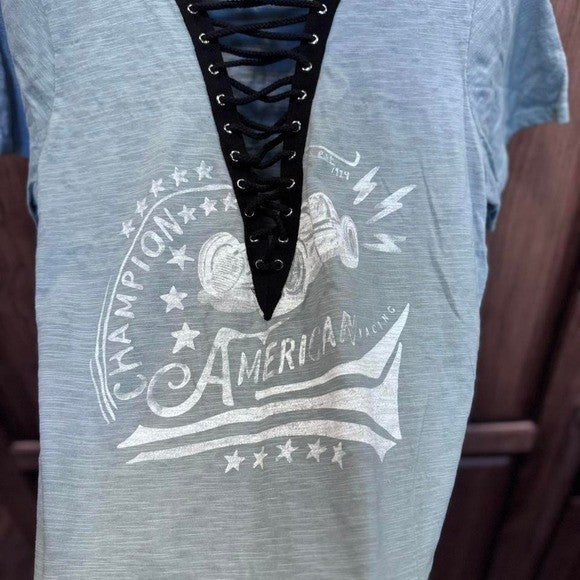 Entro Lace-Up Graphic Tee American Racing Moto Print Sz L