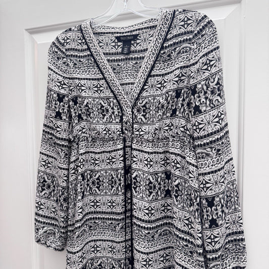 White House Black Market Tunic Top Size 2 Black White Geometric Print Boho