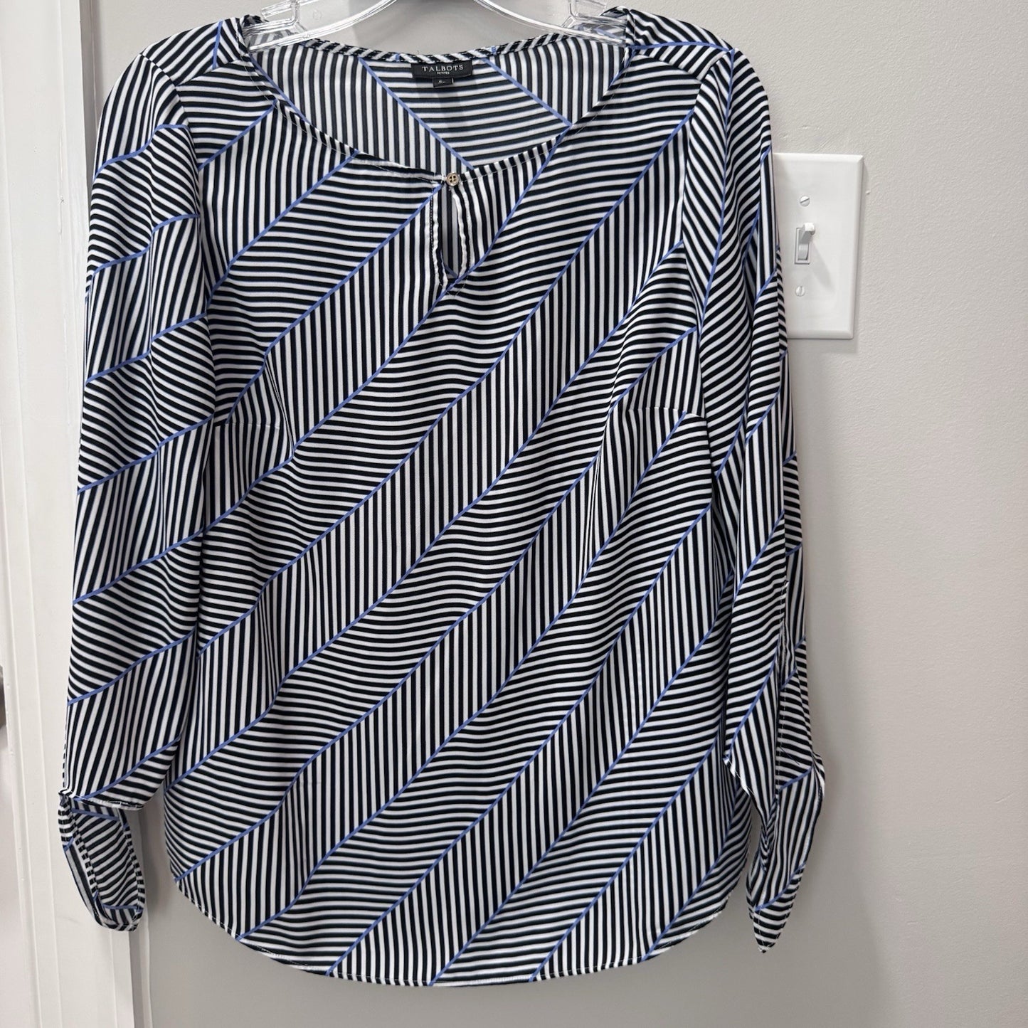 Talbots Petites Small Blouse Black White Stripe Geometric Long Sleeve Top