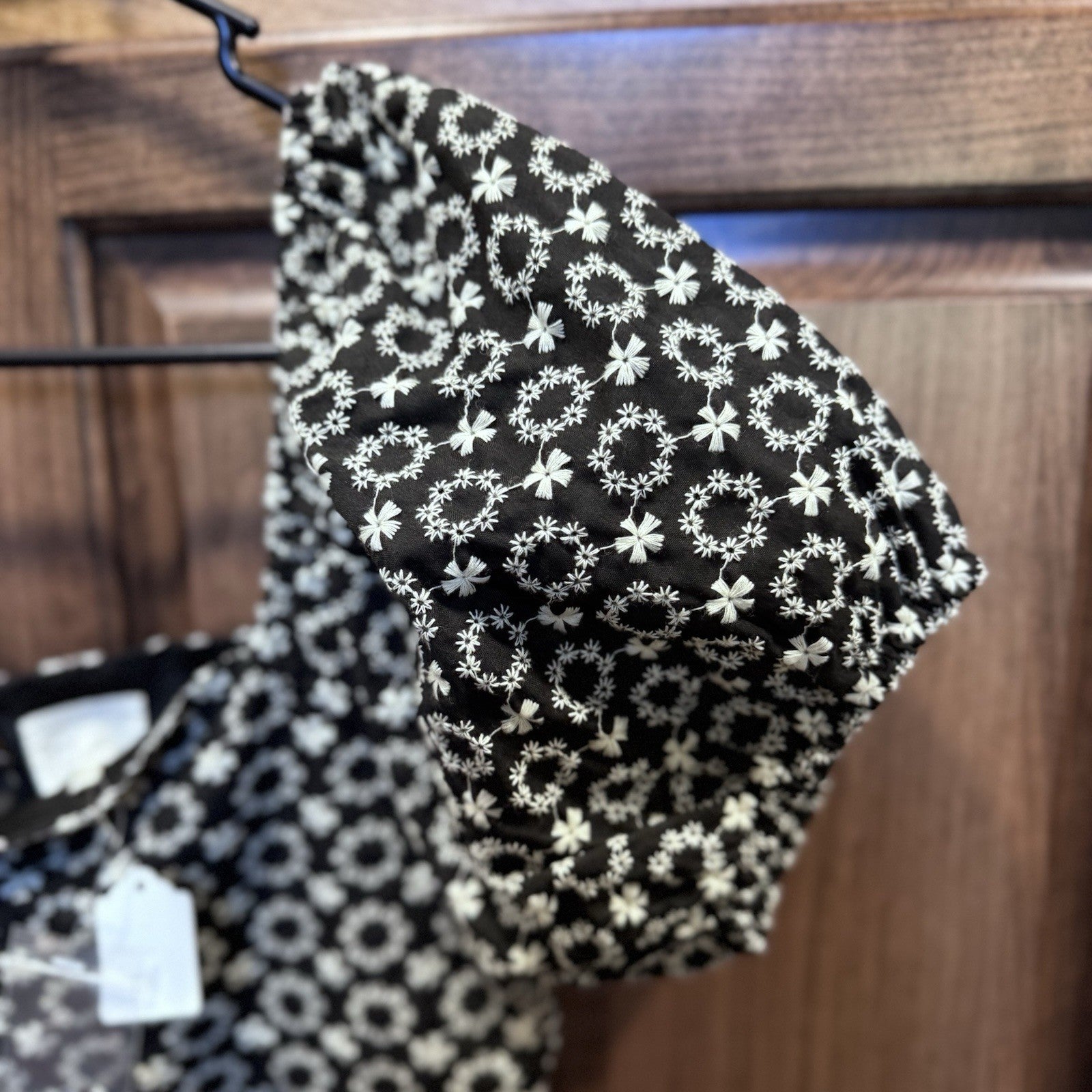 Dee Elly Black White Floral Puff Sleeve Peplum Blouse Size S