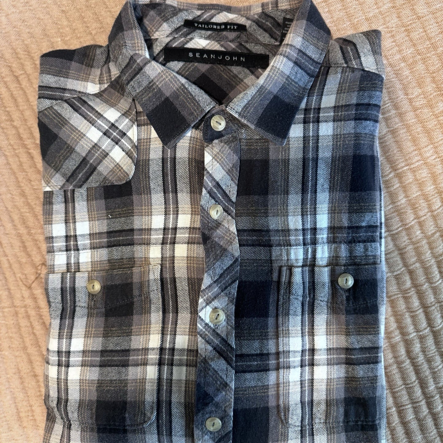 Sean John Men’s Plaid Flannel Shirt 2XL Tailored Fit Long Sleeve Cotton Gray