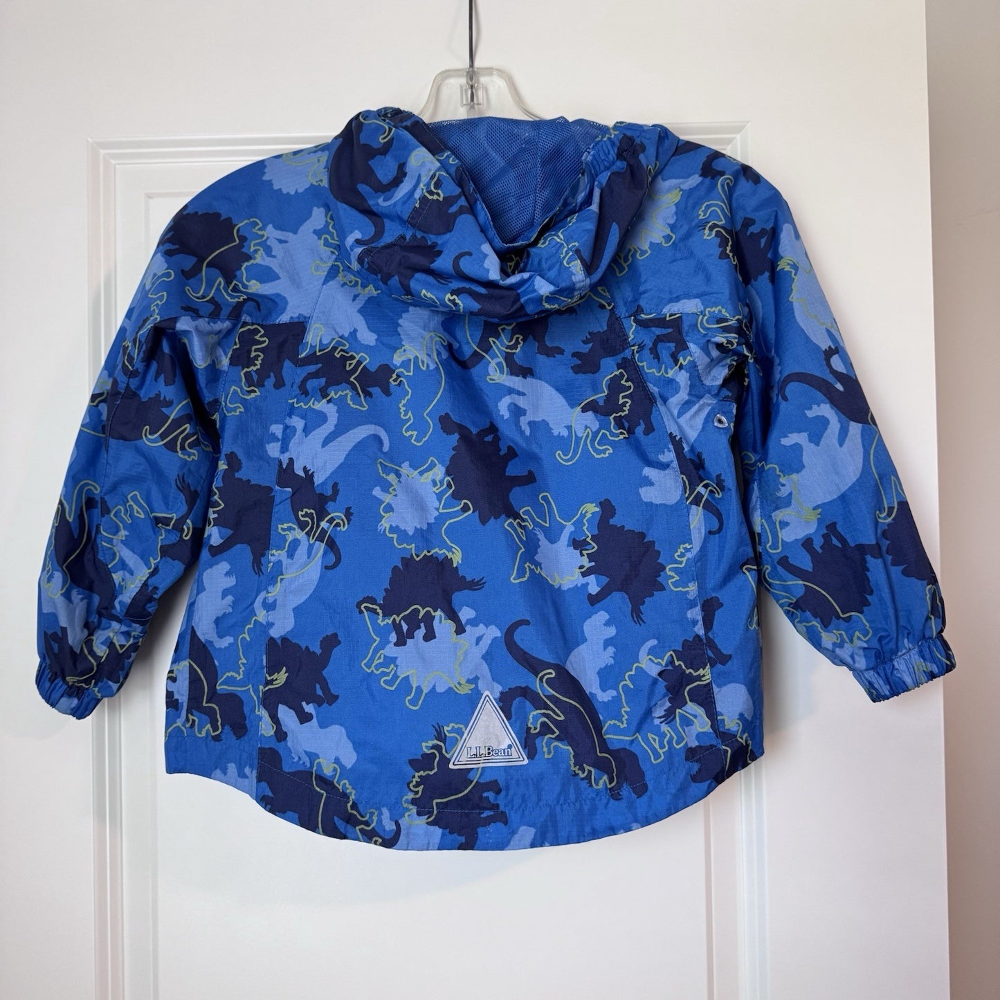 L.L.Bean Kids Rain Jacket Size 4 Blue Dino Print Hooded Windbreaker