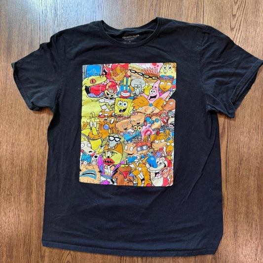Y2K Nickelodeon Cartoon Collage Tee – Large – 90s/00s Nostalgia Vibes