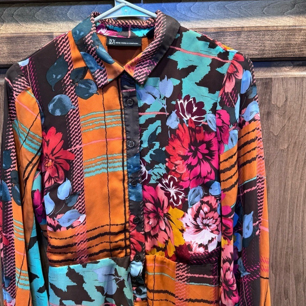 New York & Co. Shirt Style Patchwork Mix Print Dress Women's Size XS