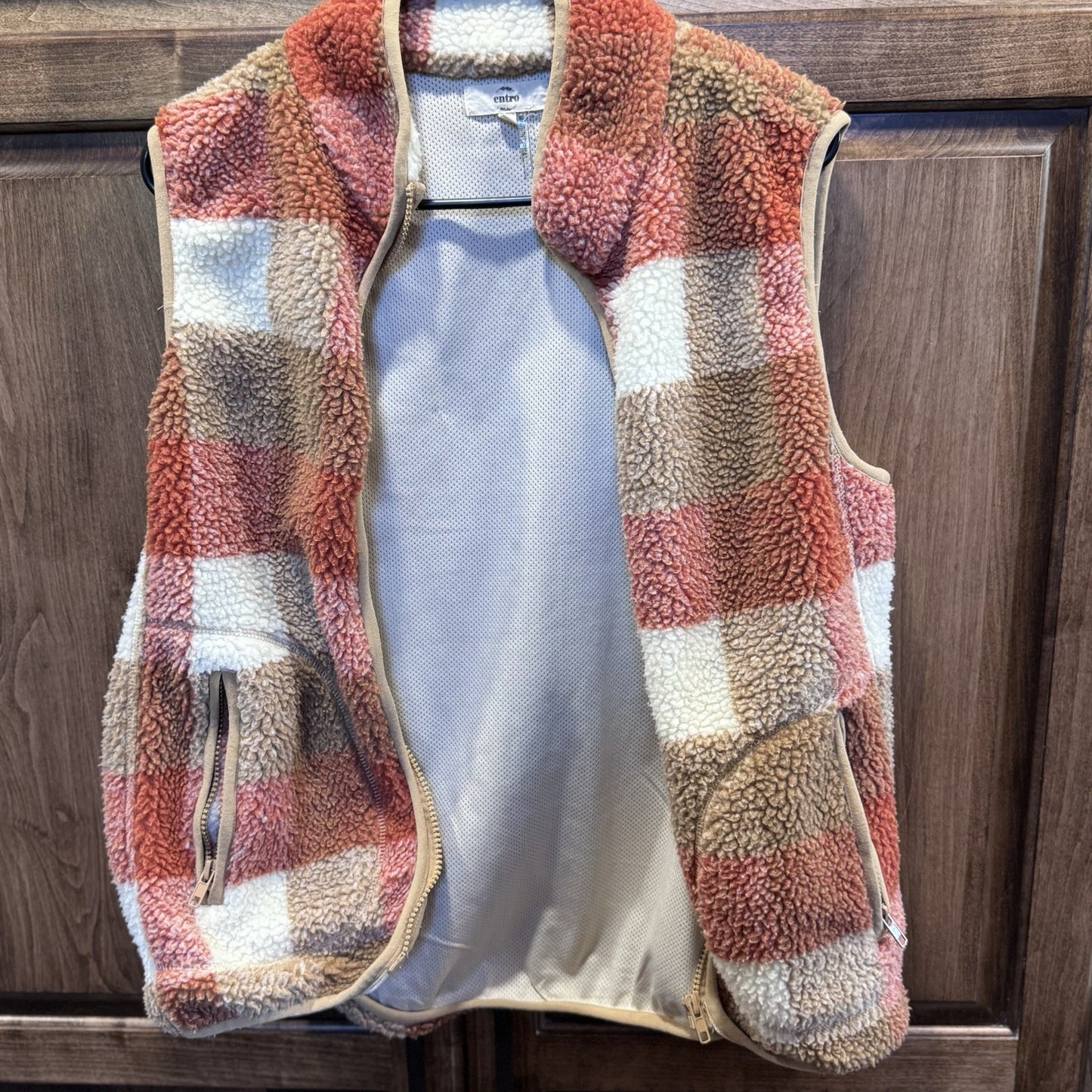 ENTRO Womens L Vest Red Plaid Zip Up Sleeveless Fleece Lined Pockets