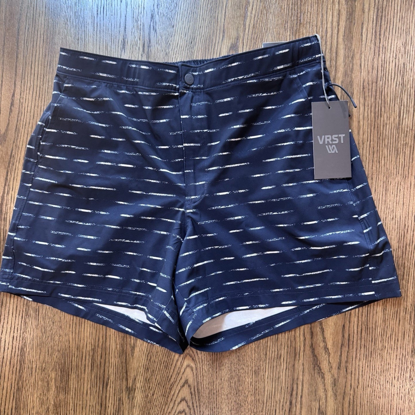 NWT VRST Men’s Slim Fit Swim Shorts M Navy Dash Print 5” Inseam Boxer Liner