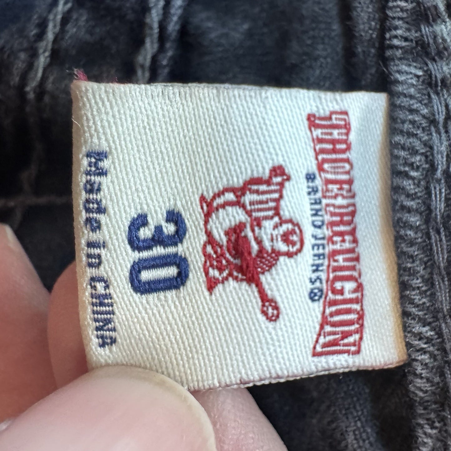 True Religion Mid Cut Off Denim Shorts Black Distressed Flap Pockets Size 30