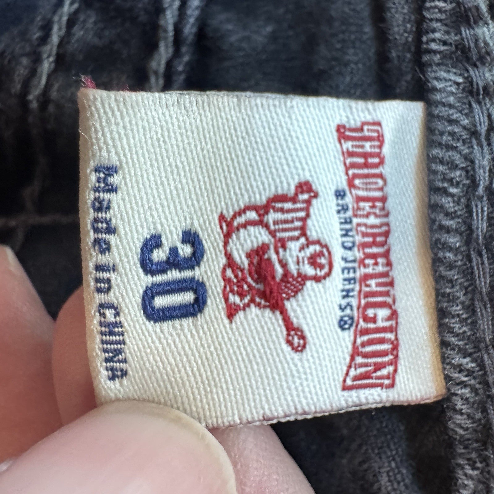 True Religion Mid Cut Off Denim Shorts Black Distressed Flap Pockets Size 30