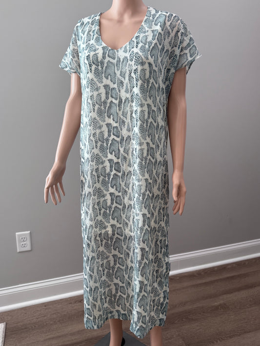 Entro Women’s Maxi Dress L – Blue Animal Print, Short Sleeve, Lined