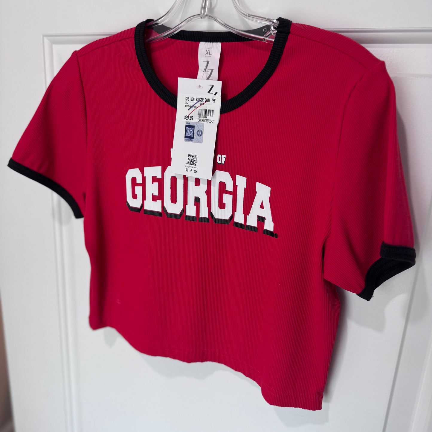 NWT ZOOZATZ University of Georgia Ribbed Ringer Crop Top – Red & Black | Women’s XL