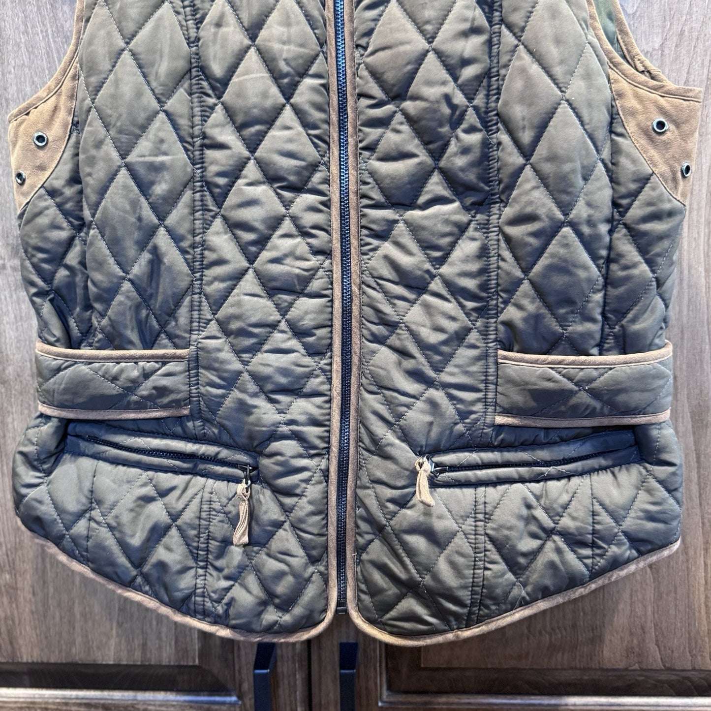 ENTRO Women's Olive Green Quilted Polyester Faux Suede Zip-Up Vest Large