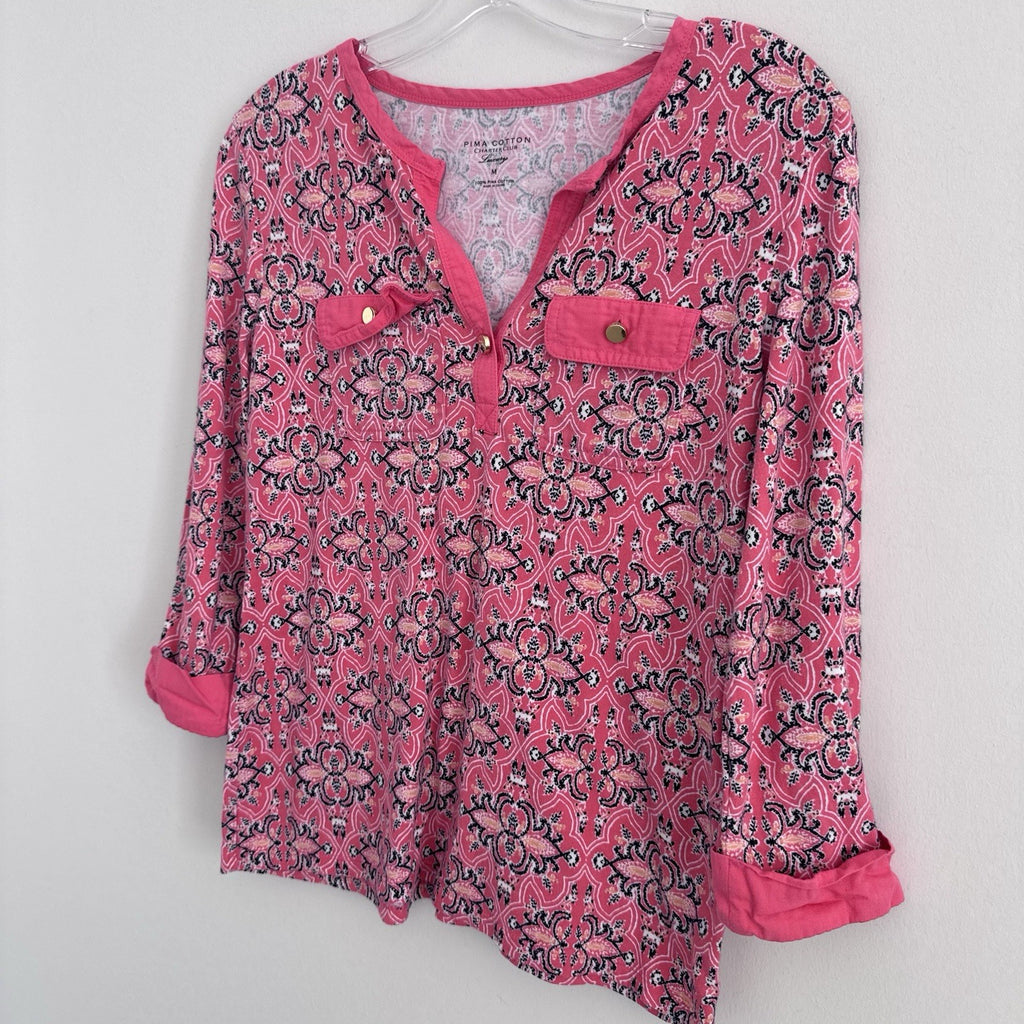 Charter Club Pima Cotton Pink Paisley Blouse M Roll Tab Sleeve