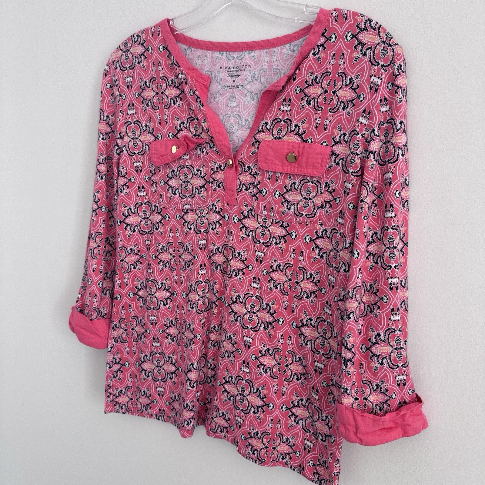 Charter Club Pima Cotton Pink Paisley Blouse M Roll Tab Sleeve