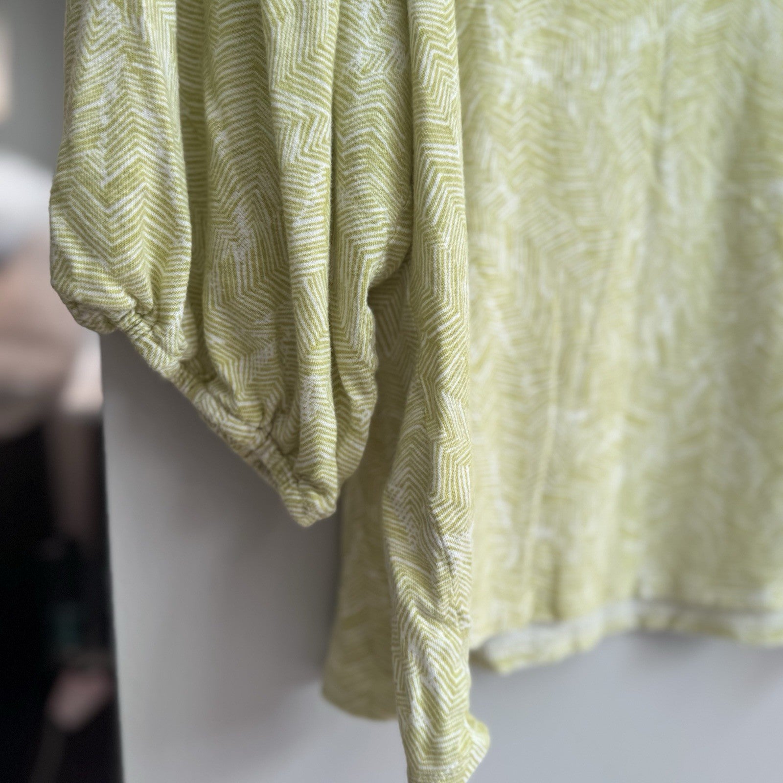 J.Jill Linen Blend Top L Petite Green White Geometric Print 3/4 Sleeve