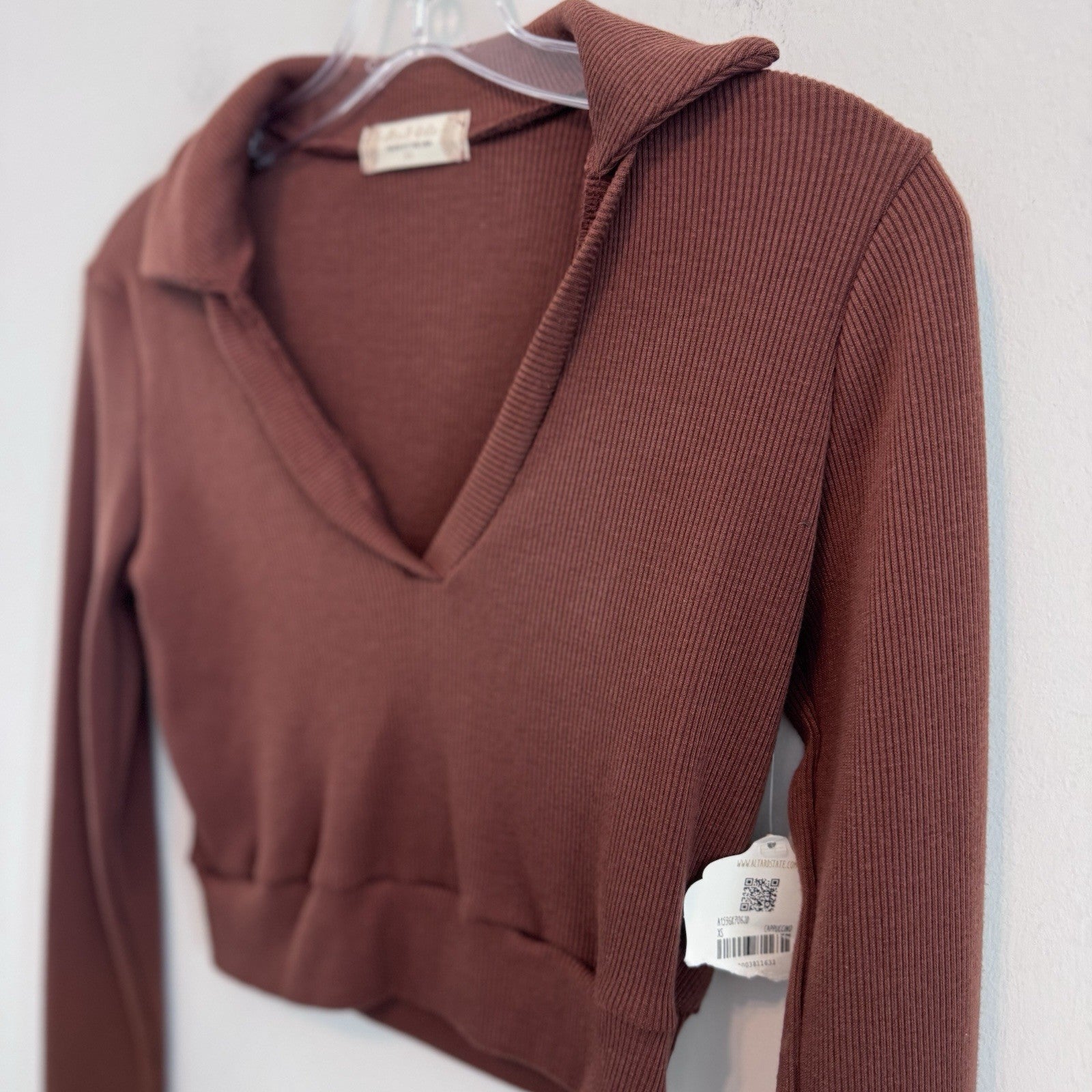 Altar’d State Ribbed Crop Top XS Collared Long Sleeve Brown NWT