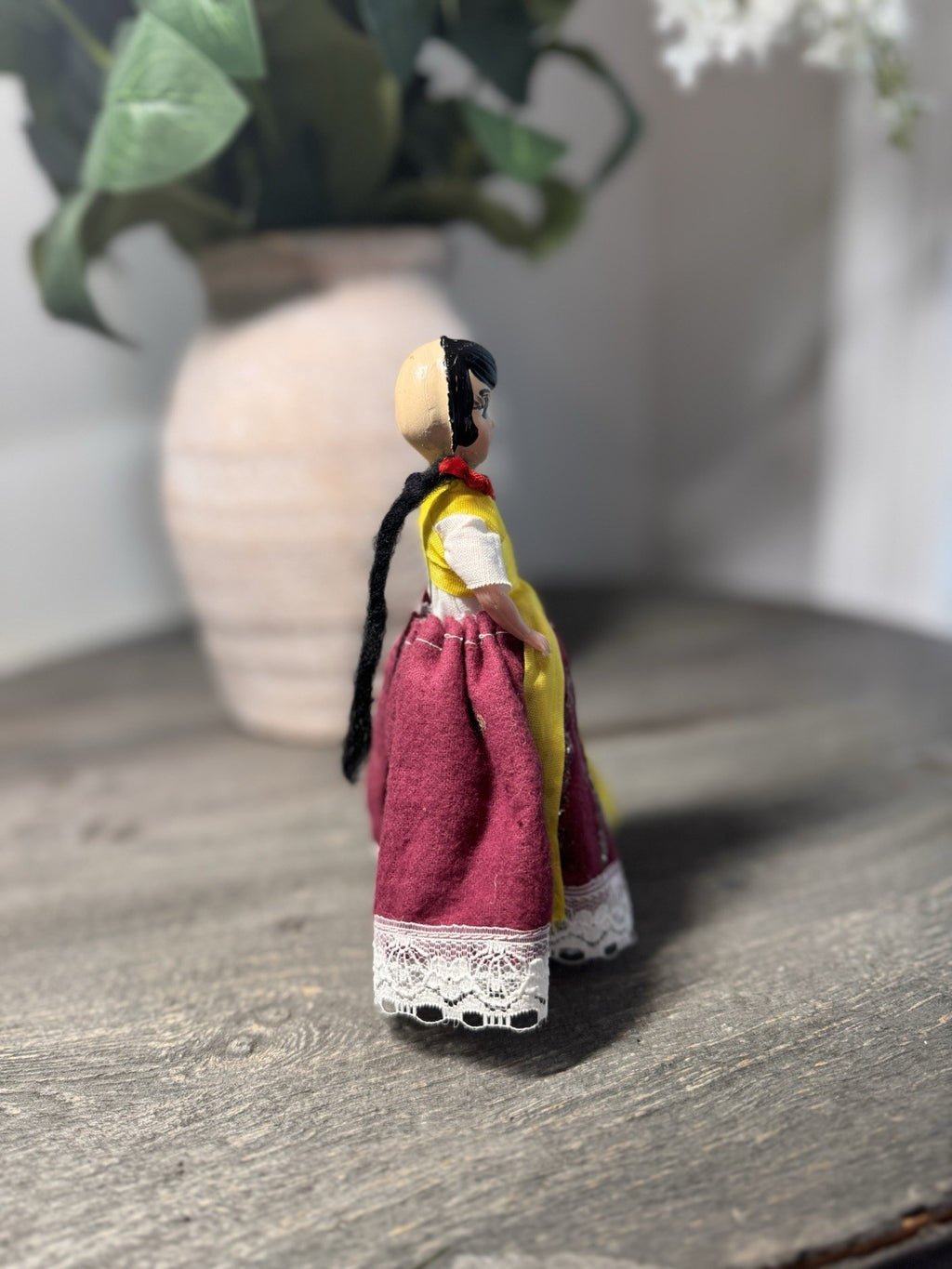 Vintage European Folk Art Doll Hand Painted 6" Souvenir Composition Wooden Base