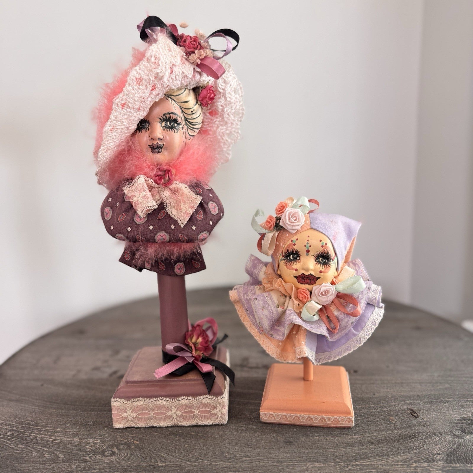 Set of 2 Vintage Porcelain Jester Clown Busts 14" & 7" Harlequin Pierrot Decor