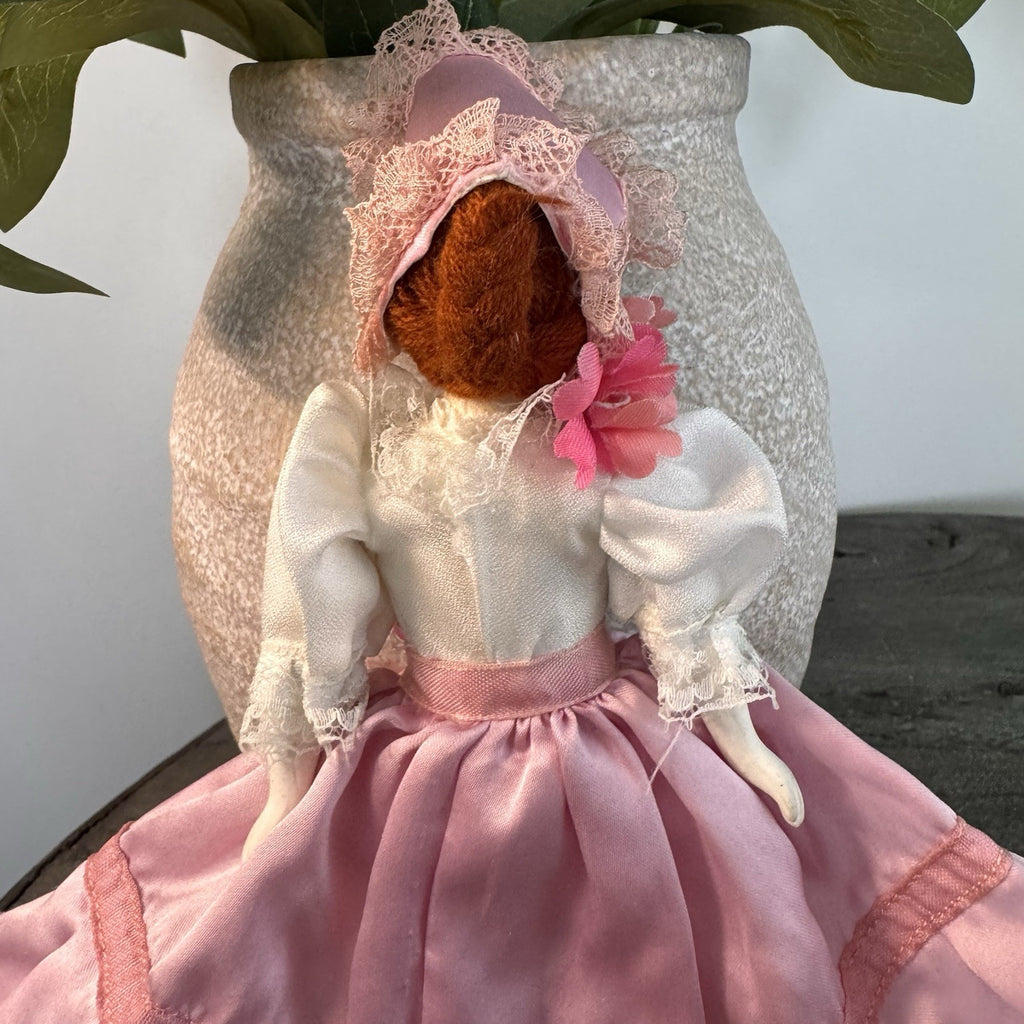 Vintage Bisque Porcelain Doll 8" Southern Belle Pink Satin Lace Dress Bonnet