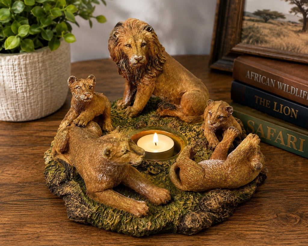 Lion Family Tea Light Candle Holder Safari Wildlife Decor Resin Statue 7x5