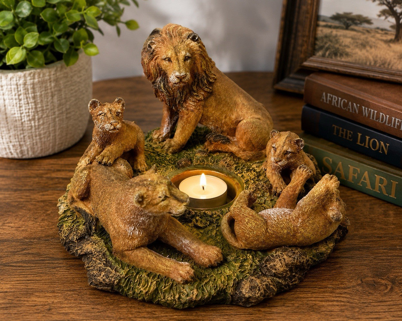 Lion Family Tea Light Candle Holder Safari Wildlife Decor Resin Statue 7x5