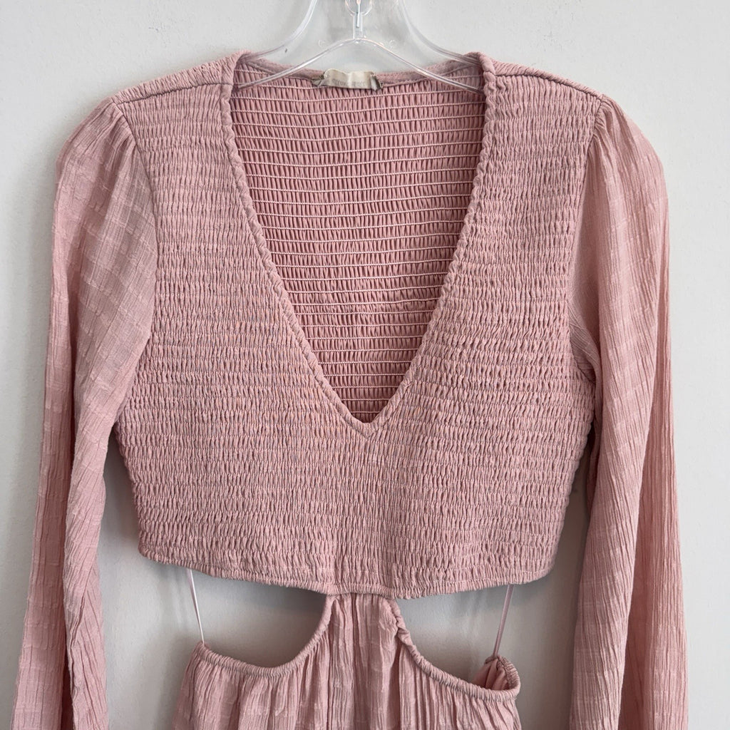 Altar'd State Pink Cutout Mini Dress Small Boho Smocked Long Sleeve Women’s