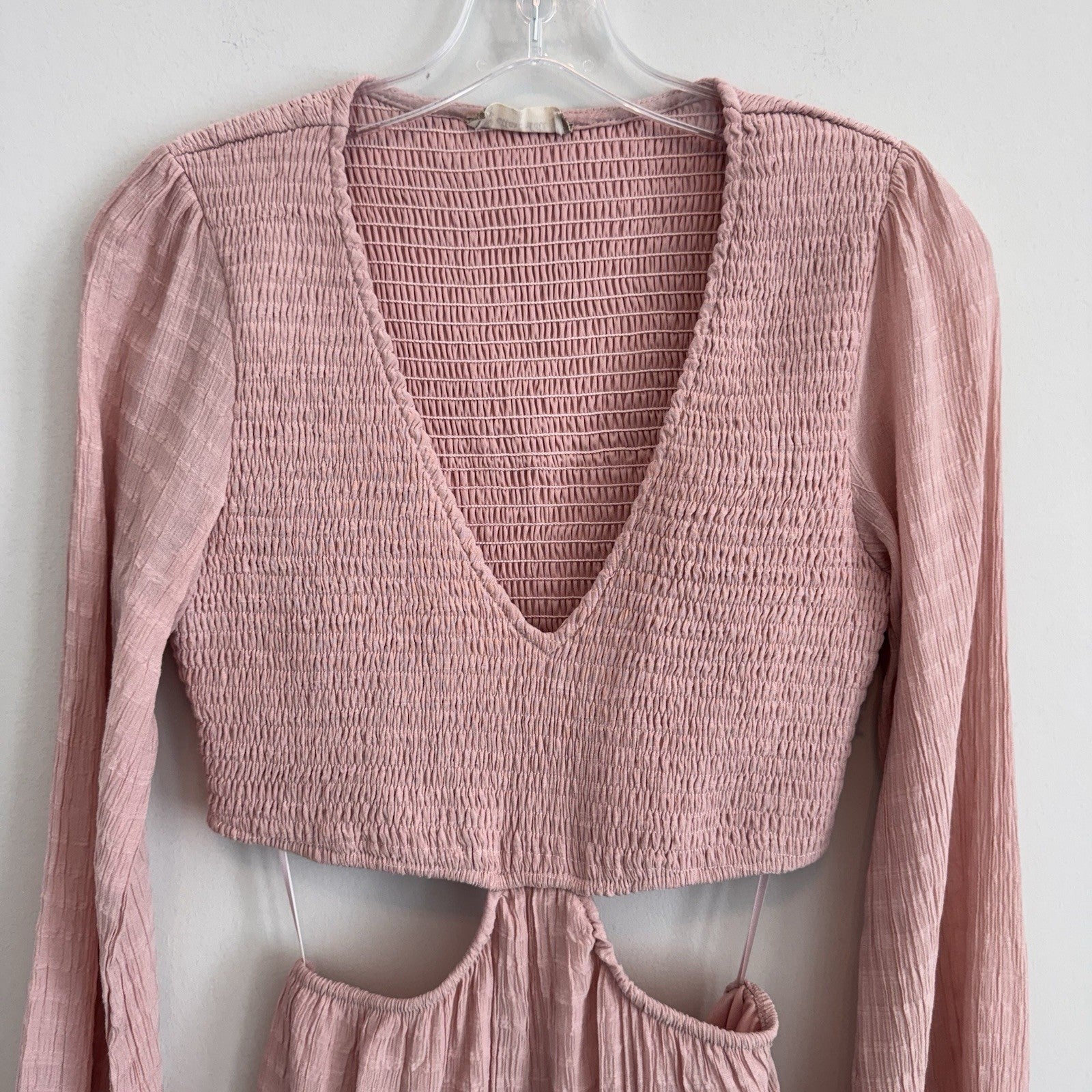 Altar'd State Pink Cutout Mini Dress Small Boho Smocked Long Sleeve Women’s